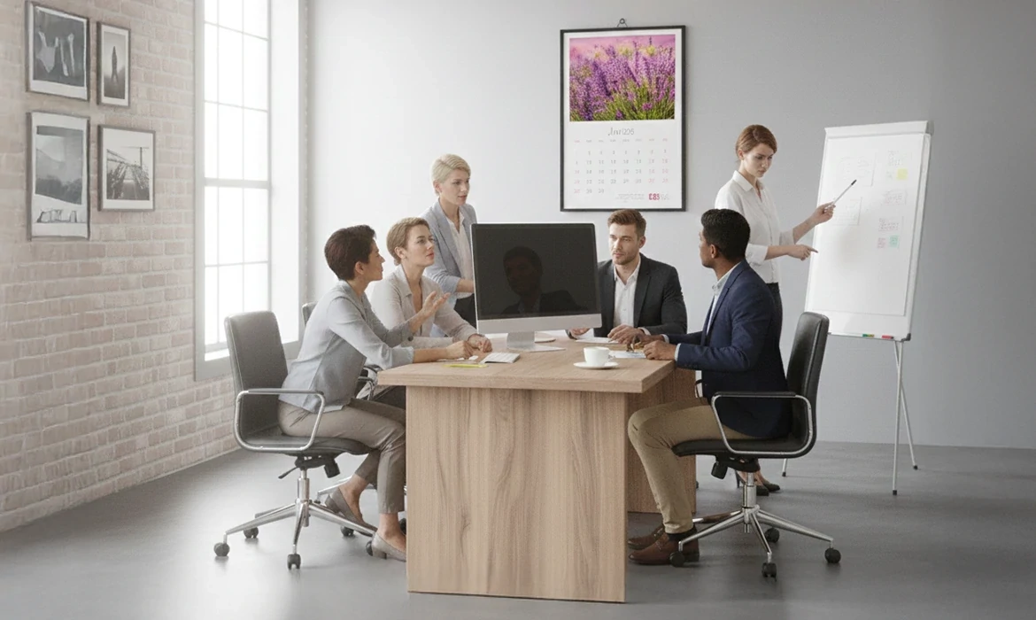 Irodai csapat megbeszélése, mögöttük jól látható Naptár 2026 falinaptár