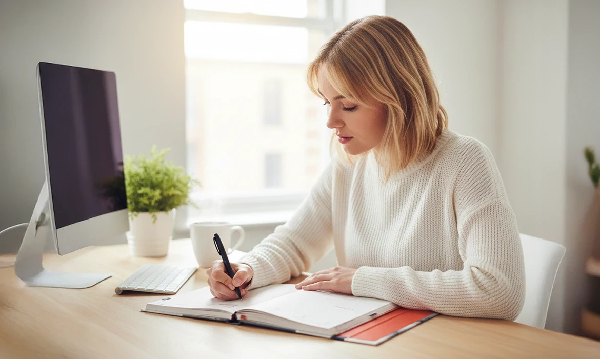 Naptár 2026 határidőnapló, amiben egy irodai dolgozó kézzel jegyzetel