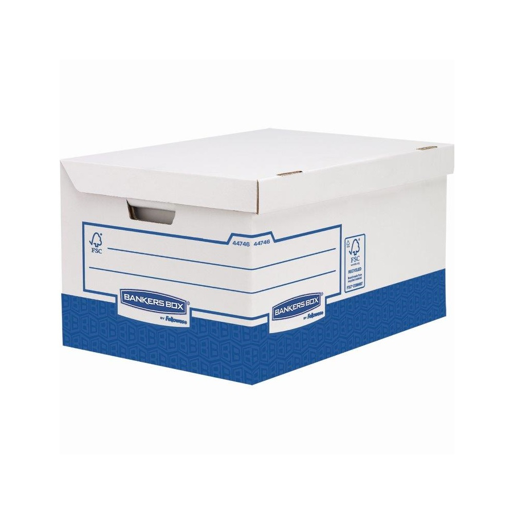 Archiváló konténer, karton, ultra erős, nagy, Fellowes® Bankers Box Basic, 10 db/csomag, kék-fehér