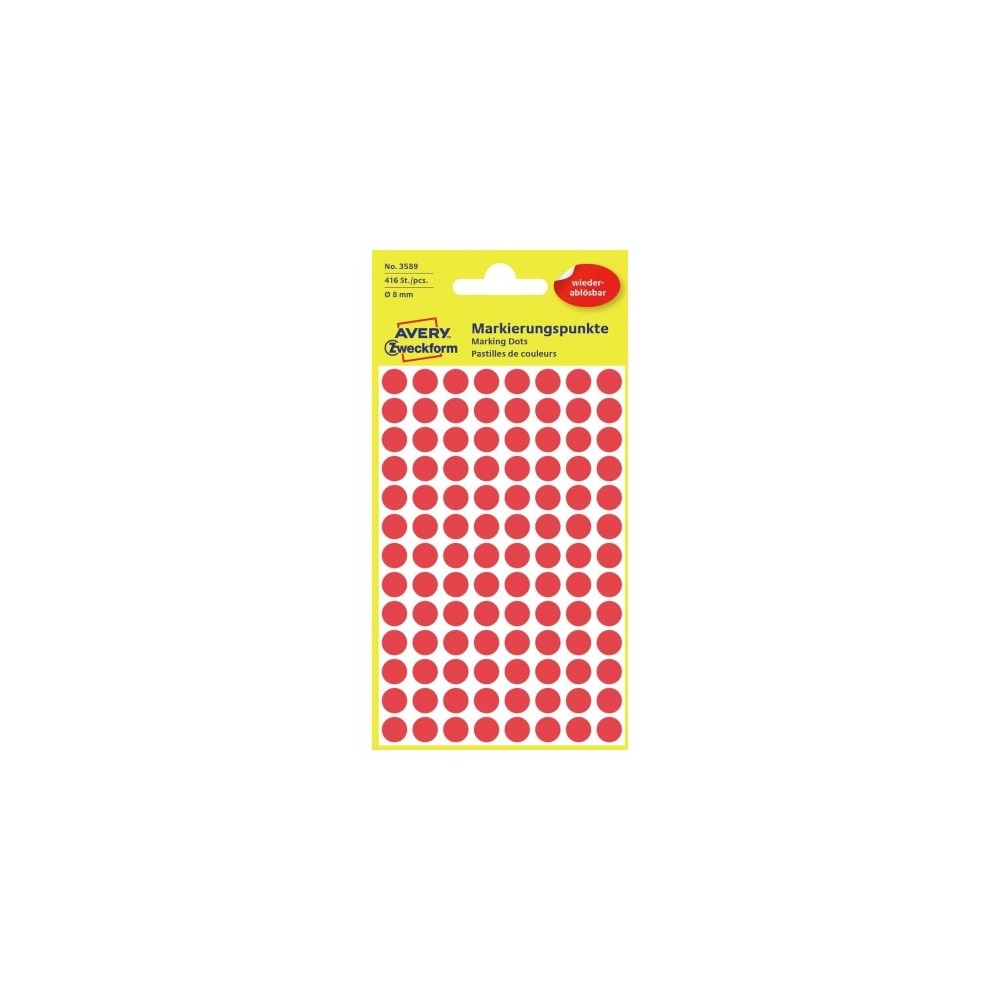 Etikett címke, O8mm, visszaszedhető, 104 címke/ív, 4 ív/doboz, Avery piros
