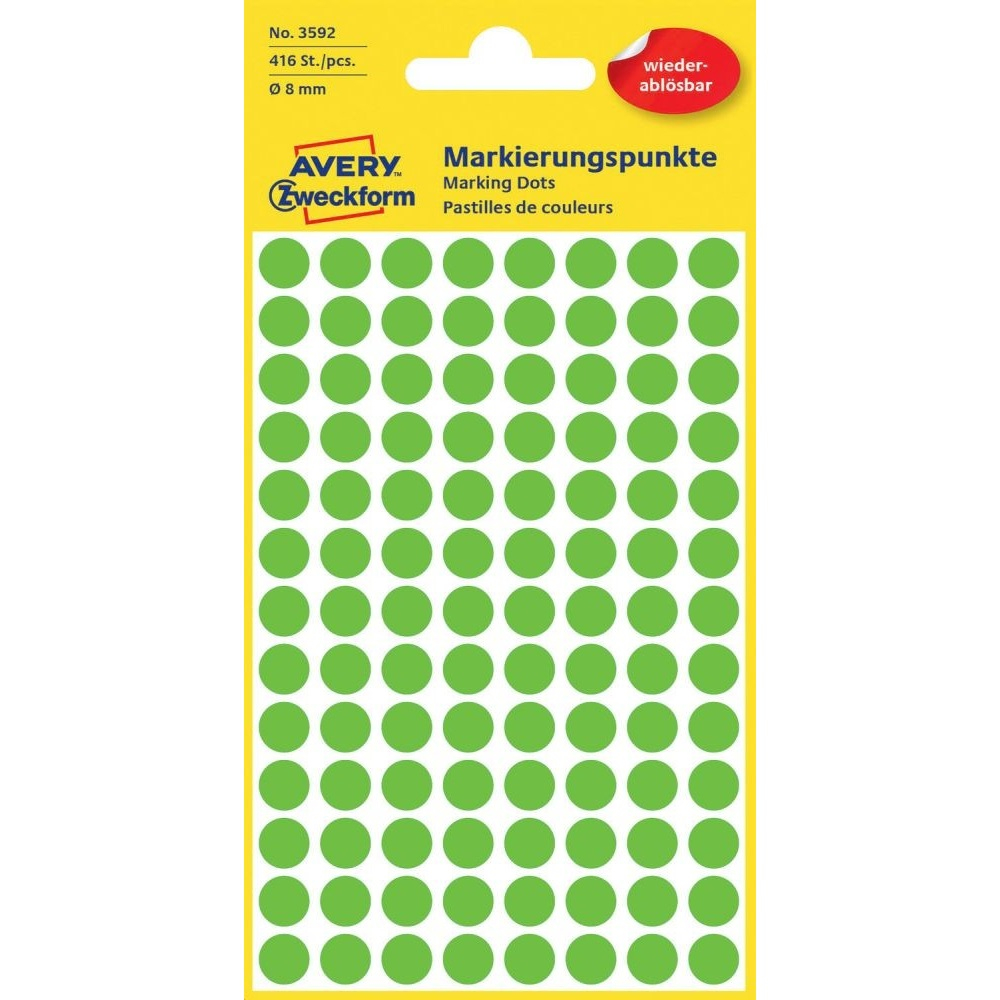 Etikett címke, O8mm, visszaszedhető, 104 címke/ív, 4 ív/doboz, Avery fű zöld
