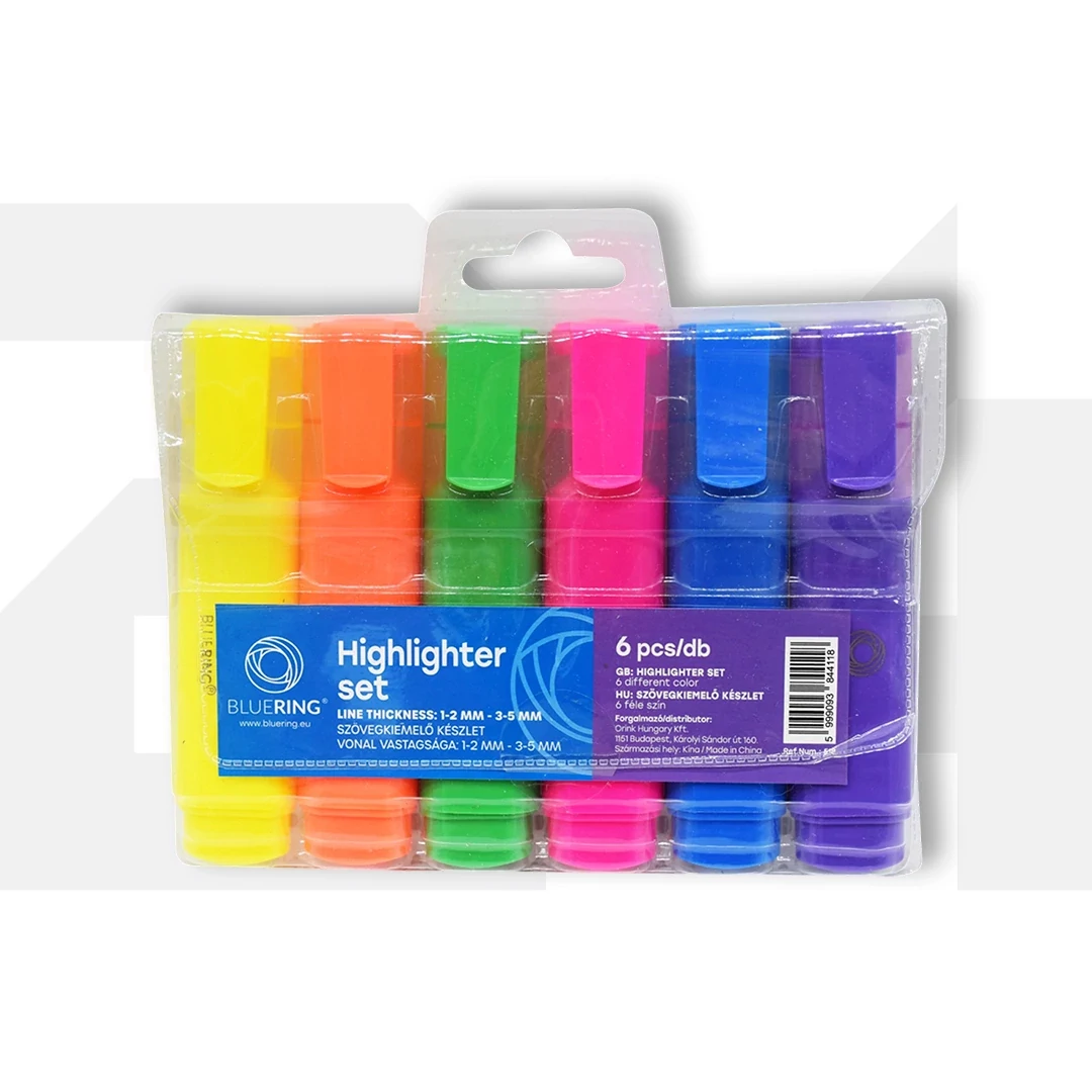 Szövegkiemelő lapos testű készlet, Bluering® 6 klf. szín