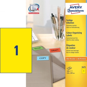 Etikett címke, 210x297mm, 3473 1 címke/ív 100ív/doboz, Avery sárga