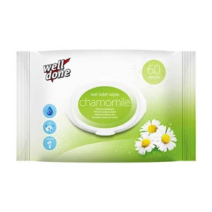 Kamillával átitatott Well Done Chamomile nedves toalettpapír 60 lappal, amely plusz higiéniai védelmet és friss érzetet ad a száraz WC-papír mellé