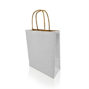 S méretű fehér sodrottfüles papírtáska 185×240 mm-es méretben, 8 cm talpszélességgel, 250 db/doboz kis boltok és üzletek számára