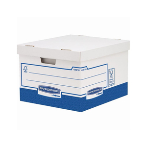 Archiváló konténer, karton, Extra erős, nagy, Fellowes® Bankers Box Basic, 10 db/csomag, kék-fehér