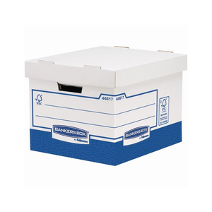 Archiváló konténer, karton, Extra erős, nagy, Fellowes® Bankers Box Basic, 10 db/csomag, kék-fehér