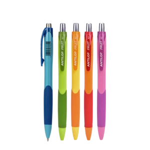 Antilop Fruit nyomógombos golyóstoll vegyes neon színű tokban, kék tintával, írásvastagság 0,7 mm