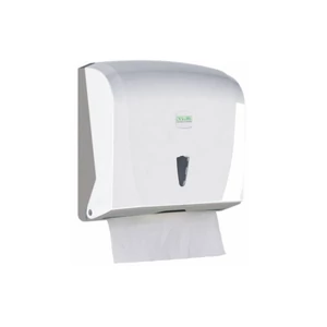 Fehér Vialli K40 műanyag adagoló V-hajtogatású kéztörlőkhöz, falra szerelhető megoldás irodai és közösségi mosdók higiénikus kéztörléséhez