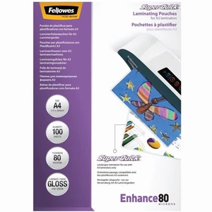Lamináló fólia A4 80 micron fényes Fellowes SuperQuick 100 db/doboz dokumentum védelemhez