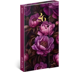 Határidőnapló mágnessel záródó Purple Flowers 130x210 mm heti tervező könyvjelzőszalaggal