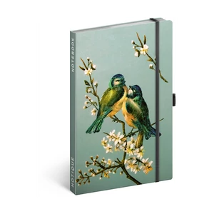 Keménytáblás notesz pontozott vonalozással krémszínű lapokkal leszorító gumiszalaggal Birds 130x210mm, Presco