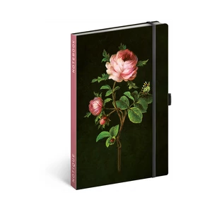 Keménytáblás notesz pontozott vonalozással krémszínű lapokkal leszorító gumiszalaggal Roses 130x210mm, Presco