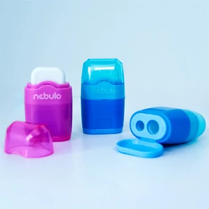 Hegyező 2 lyukú műanyag, tartályos+radír egyben 12 db/doboz, Nebulo vegyes színek