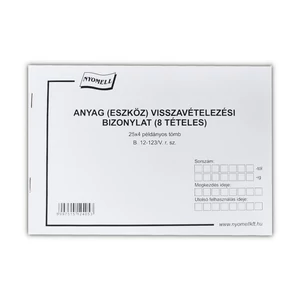 Bluering készlet visszavételezési bizonylat A5 fekvő, 8 tételes, négylapos tömb (B.12-123/V)