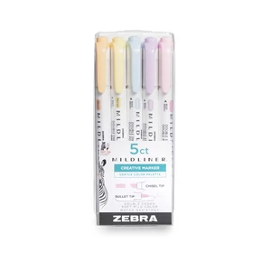 Szövegkiemelő készlet, 1,4/4 mm, kétvégű, Zebra Mildliner Highlighter Gentle, 5 különböző szín