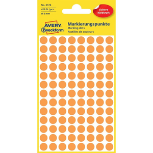 Etikett címke, o8mm, jelölésre, neon 104 címke/ív, 4 ív/doboz, Avery narancssárga