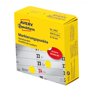 Etikett címke, o10mm, tekercses jelölőpont adagoló dobozban 800 címke/doboz, Avery sárga