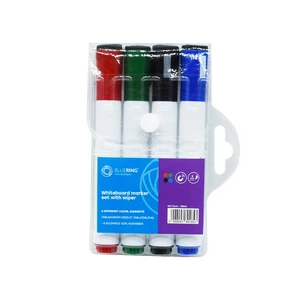 Bluering táblamarker készlet, 3 mm, kerek hegy, 4 szín, mágneses kupak, beépített törlő – szárazon törölhető whiteboardhoz