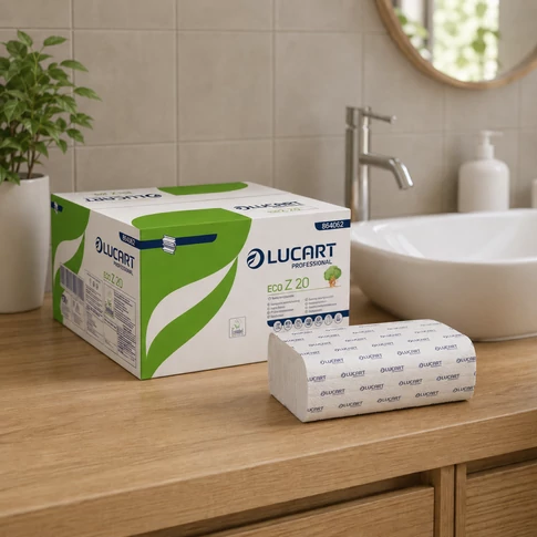 EcoLucart 864062E Z-hajtogatású kéztörlő papír fehér, 2 rétegű, elegáns fürdőszoba helyiségben.