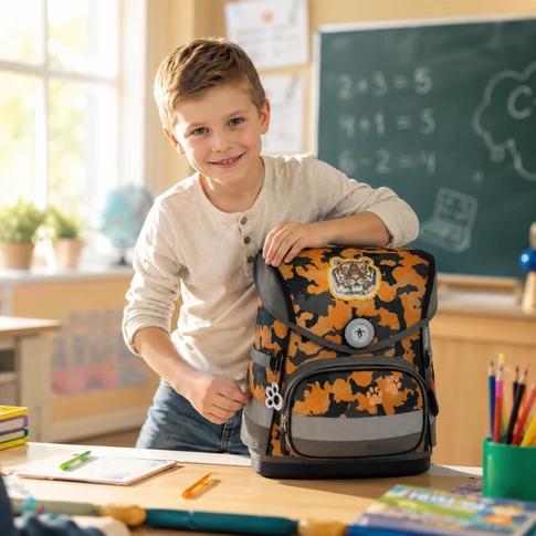 Belmil, Orange Camouflage ergonómiai iskolatáskába pakol egy kisfiú az iskolában.