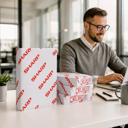 Sharp A4-es, 80 g/m² súlyú, fehér másolópapír irodai használatban.