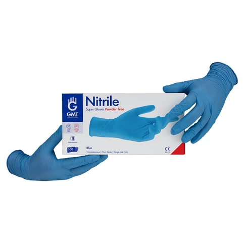 Gumikesztyű nitril púdermentes L 100 db/doboz GMT Super Gloves kék