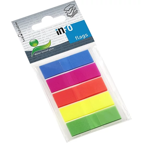 Info Notes 12,5×43 mm műanyag jelölőcímkék 5×26 lapos szettben, 5 féle teliszínben, irodai iratok és tananyag átlátható jelöléséhez