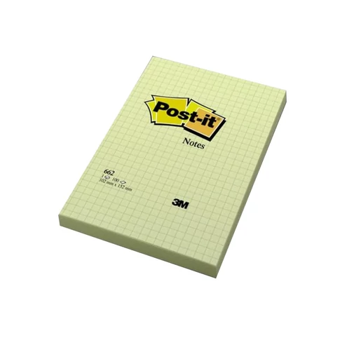 Jegyzettömb öntapadó, 102x152mm, 100lap, 3M 662 Post-It, kockás sárga