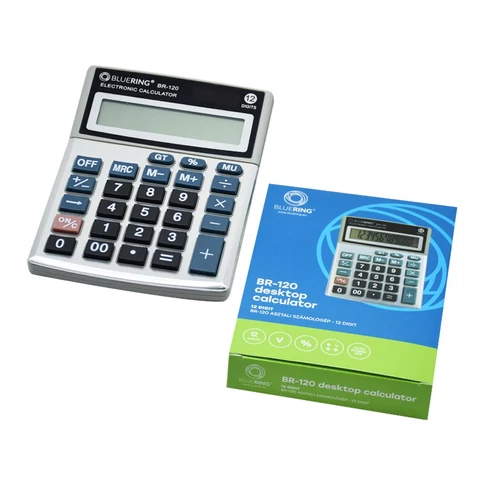 Bluering® BR-120 számológép – döntött 12 digit kijelző, nagy műanyag billentyűk, automatikus kikapcsolás, GT funkció