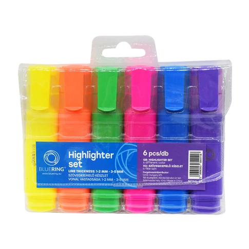 Lapos testű Bluering szövegkiemelő készlet 6 különböző színnel jegyzeteléshez