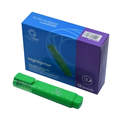 Bluering zöld szövegkiemelő filc lapos, könnyen fogható tolltesttel jegyzetek és tananyagrészek átlátható kiemelésére