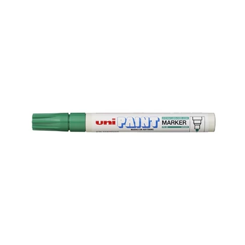 Uni PX-20 zöld lakkmarker, 2–3 mm hegyvastagságú, fedő, fény- és vízálló tinta, fémtestes kivitel