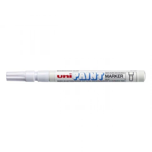 Fehér Uni PX-21 lakkmarker 0,8–1,2 mm heggyel, erősen fedő, víz- és kopásálló tinta fémre, fára, üvegre, műanyagra