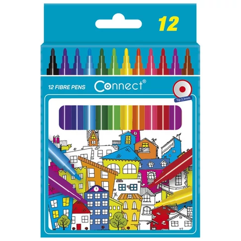 Connect 12 darabos filctoll készlet, kerek test, rostirón hegy, vegyes színek, kartondoboz