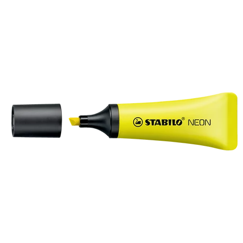 Stabilo Neon sárga kiemelő toll – vízbázisú tinta, élénk neon fedés; 2–5 mm vágott hegy különböző betűméretek kiemeléséhez; kényelmes fogás jegyzeteléshez, tanuláshoz, irodai dokumentumjelöléshez