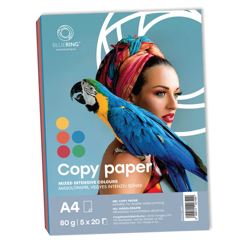 Bluering intenzív színes másolópapír A4, 80 g, 5 féle élénk árnyalatban, 100 lapos csomag