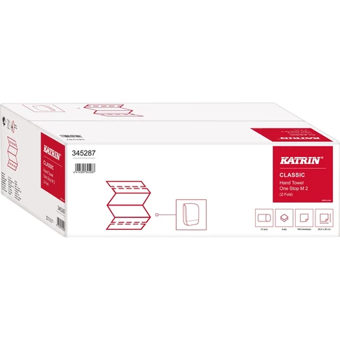 Hajtogatott kéztörlő Z hajtott 2 rétegű fehér, lapméret: 25,5x20 cm Katrin Classic One Stop M2  21 csomag/karton