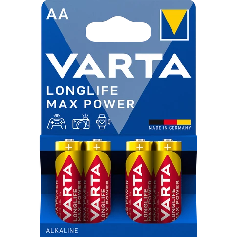 Varta Longlife Max Power AA ceruzaelem (LR06), 1,5 V alkáli technológia, 4 db/csomag – tartós energia háztartási és irodai eszközökhöz