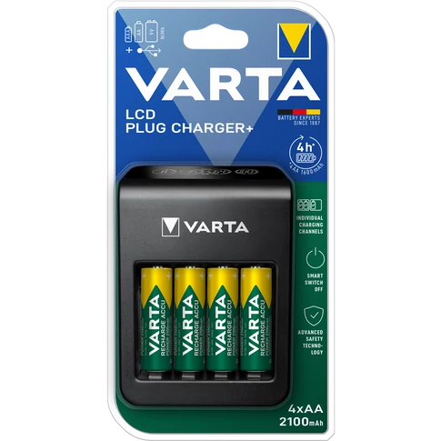 Elemtöltő, akku LCD Plug töltő + 4 db AA 2100 mAH Varta