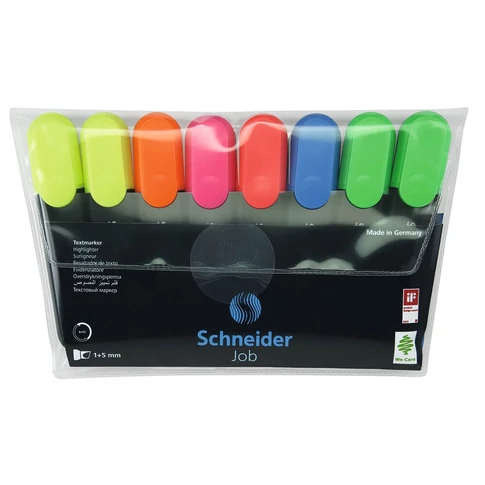 Schneider Job 150 szövegkiemelő készlet 6+2 színben – 1–5 mm vágott hegy, kiemeléshez, jegyzeteléshez és tanuláshoz