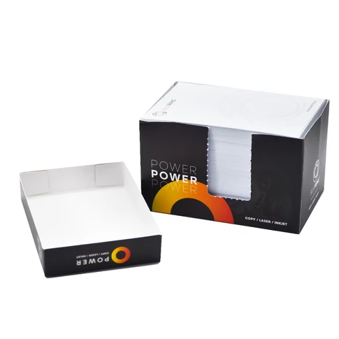 Irodai asztalra helyezhető Bluering Power jegyzettömbadagoló, benne 680 lapos fehér jegyzettömb 80 g/m² papírral