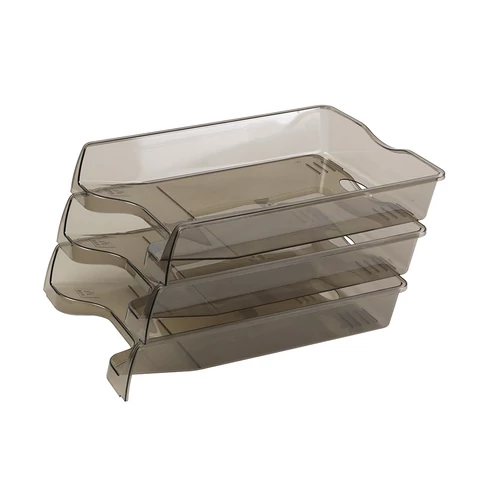 Füstszínű, áttetsző Bluering műanyag irattálca 355×255×60 mm méretben, A4-es dokumentumok, számlák és levelek átlátható, esztétikus asztali tárolásához