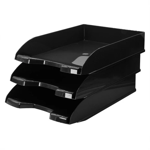 Egymásra helyezhető fekete Bluering műanyag irattálca 345×255×65 mm méretben irodai polcra vagy asztalra