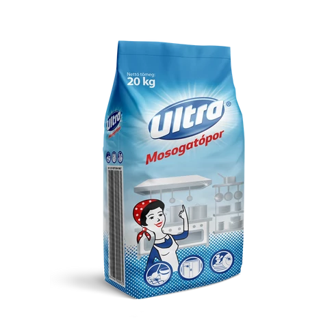 Ultra 20 kg-os ipari mosogatópor – erős lúgos, gyorsan oldódó formula zsíroldáshoz, vízkőmentesítéshez és professzionális konyhai gépi mosogatáshoz, foszfátmentes összetétellel