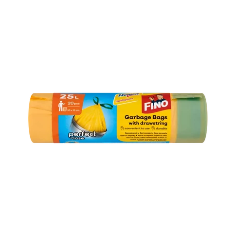 Fino zárószalagos 25 literes sárga szemeteszsák 50×55 cm méretben, 20 darabos tekercsben, háztartási és irodai hulladék kényelmes, higiénikus gyűjtésére