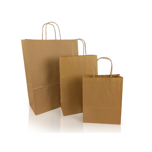 Sodrottfüles papírtáska L méretben (320×420×150 mm), bordázott barna, 200 darabos dobozban – környezetbarát csomagolás