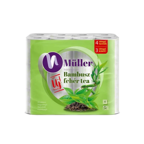 Müller Bambusz Fehér Tea illatú toalettpapír 4 rétegű – 24 tekercs/csomag, 100% cellulóz, 100 lap/tekercs, kistekercses háztartási WC-papír