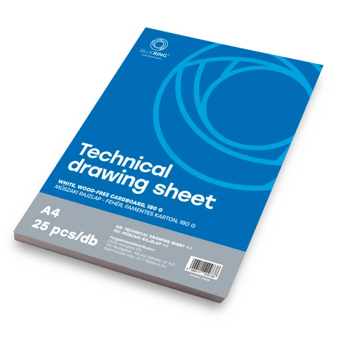 Bluering A4-es műszaki rajzlap, 180 g súlyú, 25 ív/csomag kiszerelésben, fehér, sima felületű, precíz rajzoláshoz és műszaki tervekhez