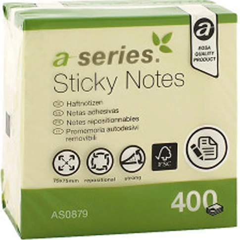 A-Series sárga öntapadó jegyzettömb 75×75 mm-es méretben, 400 lappal, mindennapi irodai és otthoni használatra üzenetek, teendőlisták és emlékeztetők ragasztásához monitorra, mappára vagy dokumentumra